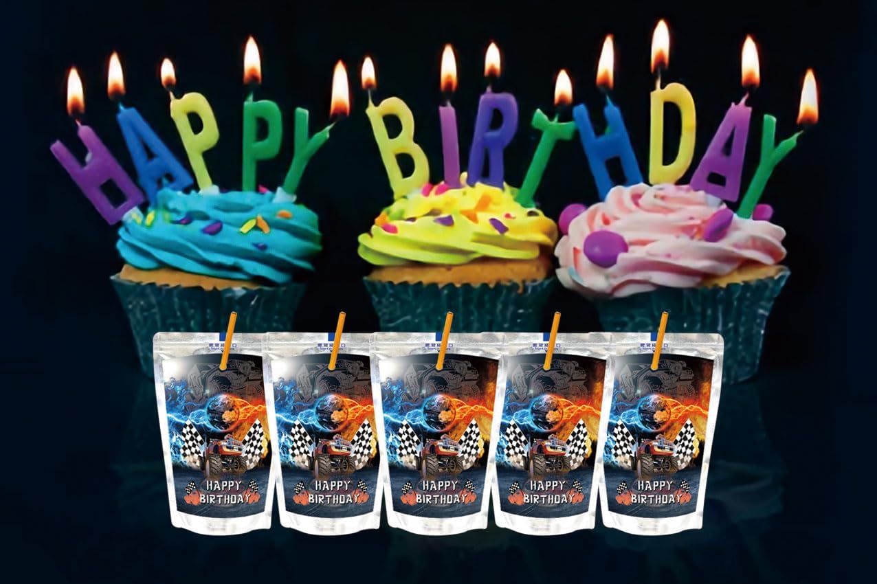 Suministros para fiesta de cumpleaños de Monster Truck, 24 piezas de calcomanías para bolsas de jugo de camión monstruo, calcomanías de decoración
