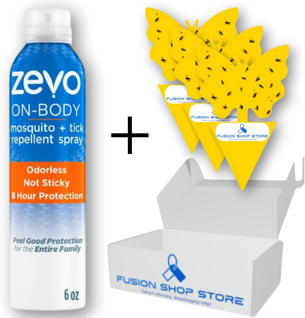 Zevo On Body – Repelente de mosquitos y garrapatas, 6 onzas (1), juego con 3 piezas de trampa adhesiva para frutas exclusiva Fusion Shop Store.