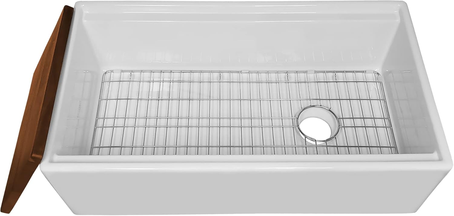 Whitehaus Collection Juego de fregadero reversible de arcilla refractaria de 30 pulgadas con un delantal frontal liso, tabla de cortar de madera de