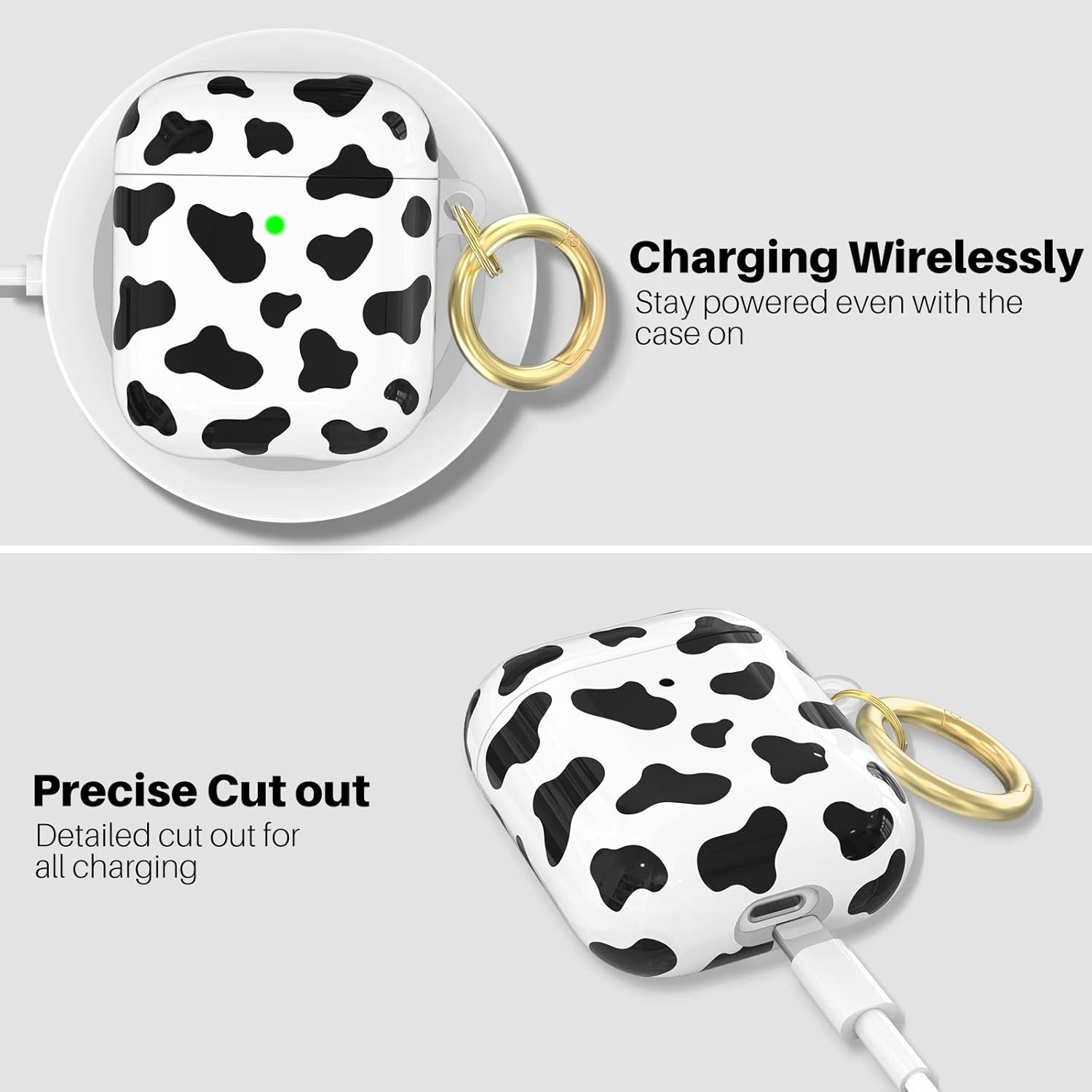 NIUTRENDZ Linda funda con estampado de vaca para AirPods, diseño IMD duro TPU a prueba de golpes LED frontal visible carga inalámbrica Funda