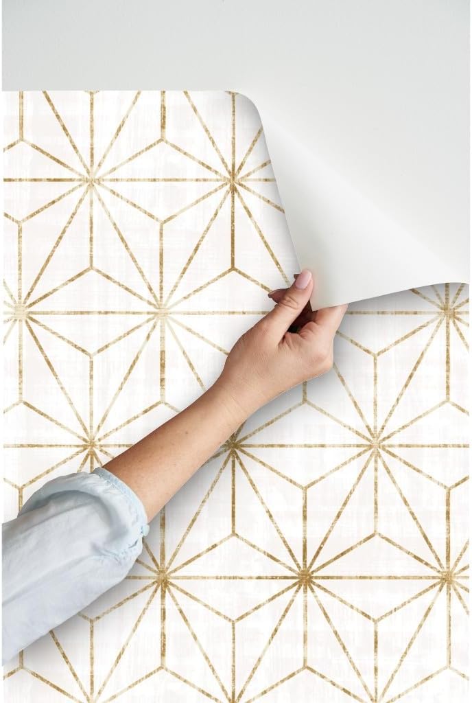 Spoonflower Papel tapiz autoadhesivo de 3 x 2 pies, diseño de triángulos geométricos de oro blanco con estrellas, abstracto, minimalista,