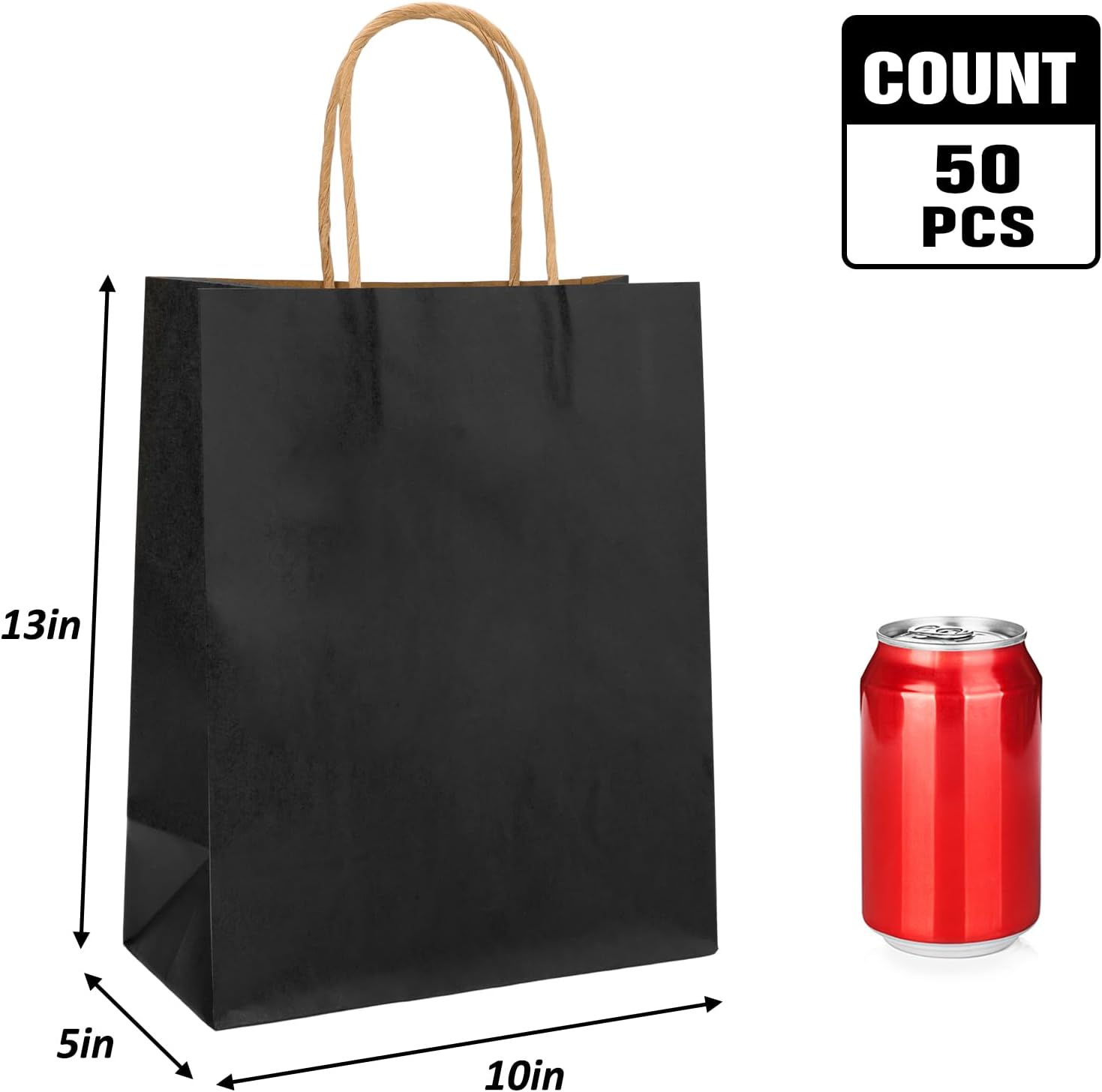 Moretoes 50 bolsas de regalo negras de 10 x 5 x 13 pulgadas, bolsas de papel kraft con asas a granel, bolsas de compras, bolsas de venta al por