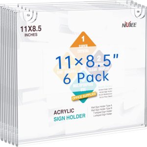 NIUBEE Paquete de 6 soportes acrílicos para letreros de pared horizontales de 8.5 x 11 pulgadas, de plástico transparente, diseño montado en la NIUBEE Paquete de 6 soportes acrílicos para letreros de pared horizontales de 8.5 x 11 pulgadas, de plástico transparente, diseño montado en la