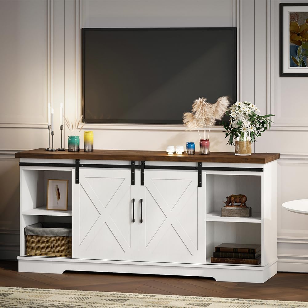 IDEALHOUSE Soporte de TV de granja, centro de entretenimiento para consola multimedia de TV de 65 pulgadas, soporte de TV blanco con puerta de