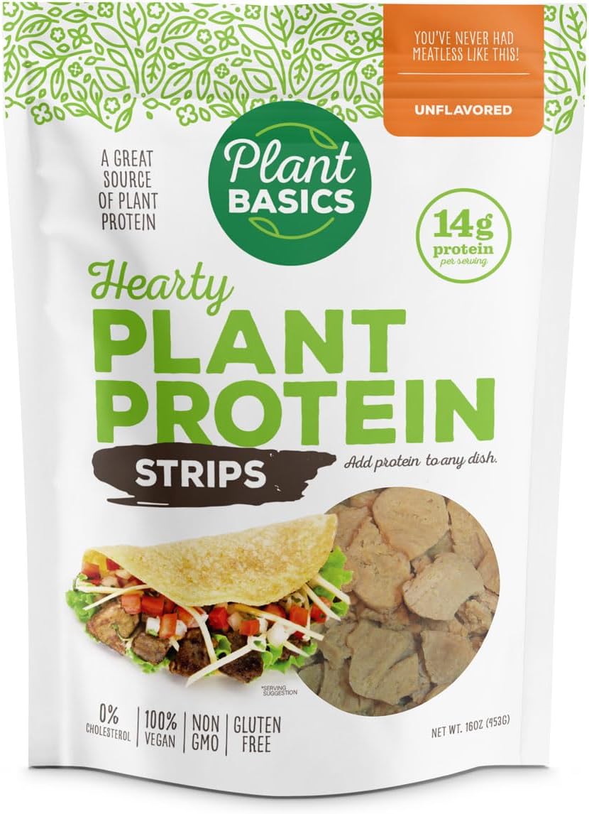 Plant Basics – Proteína vegetal abundante, tiras sin sabor, 1 libra (paquete de 2), sin OMG, sin gluten, baja en grasa, baja en sodio, vegano,