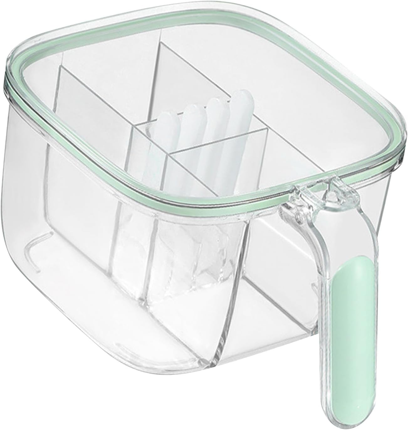 TOPINCN Caja de condimentos de 4 compartimentos con 4 cucharas de servir y tapa, caja de condimentos transparente para ventana, caja de