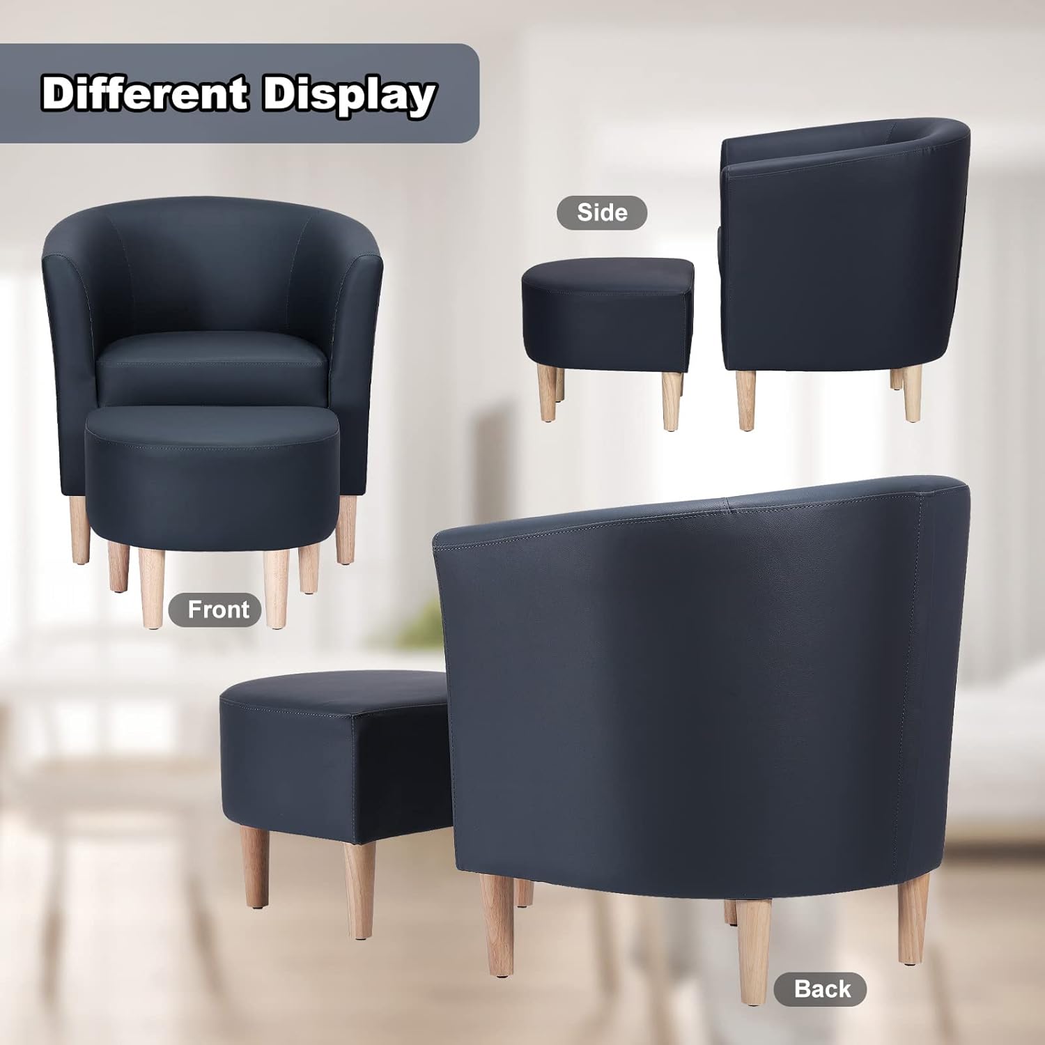 Silla de cuero, silla decorativa moderna de mediados de siglo con barril sintético otomano, cómodo sillón tapizado para bañera de club, brazos