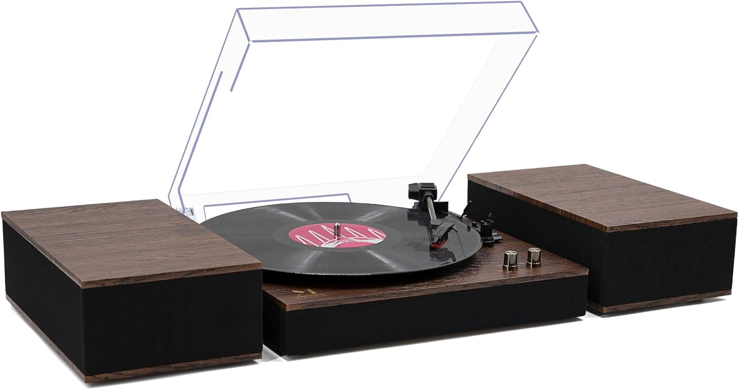 MPK – Tocadiscos Bluetooth, sistema de alta fidelidad con altavoces de estantería, tocadiscos de vinilo de 3 velocidades con transmisión por correa
