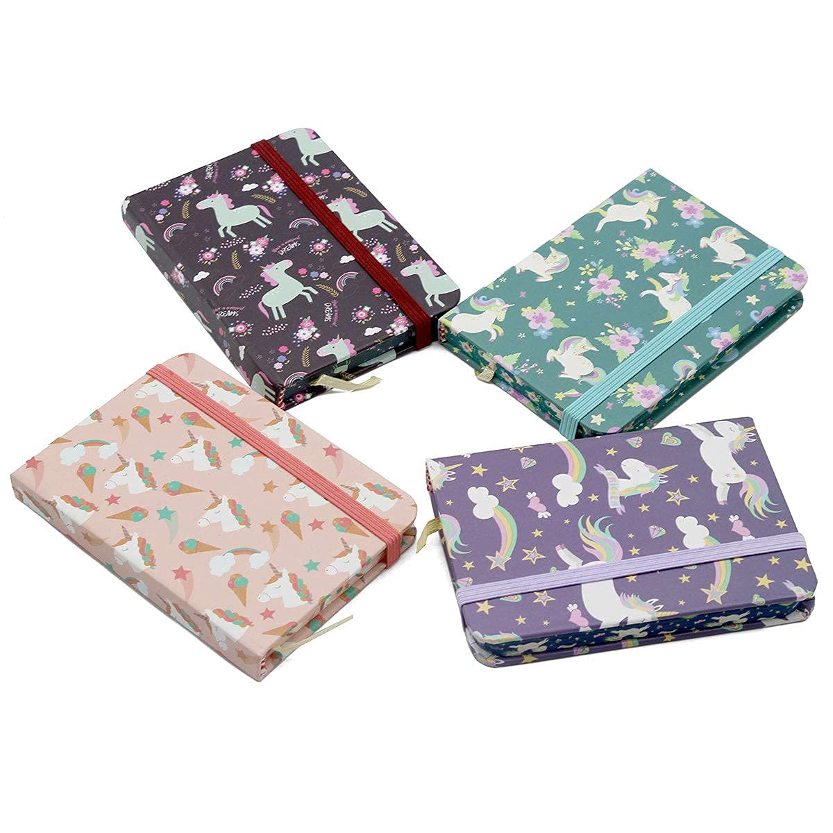 4 cuadernos de unicornio de 3 x 4 pulgadas, mini diario de bolsillo interior, bloc de notas de escritura lindo con cierre elástico a rayas para