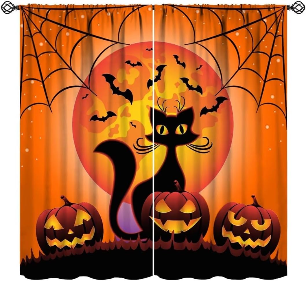 Cortinas de Halloween con diseño de gato negro, murciélagos góticos, araña, terror, fantasma, naranja, luna llena, noche de feliz Halloween,