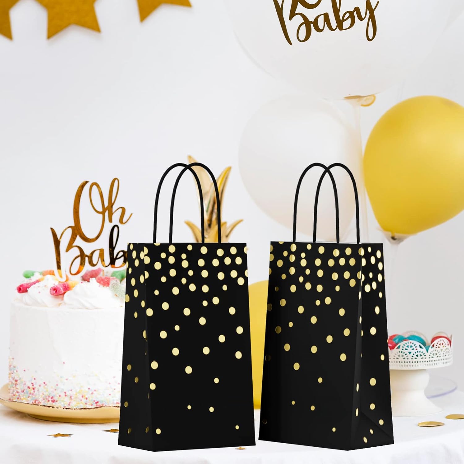 ECOHOLA Bolsas de regalo de papel de aluminio negro y dorado con asas negras, 25 piezas de lunares metálicos dorados para regalos, minoristas,