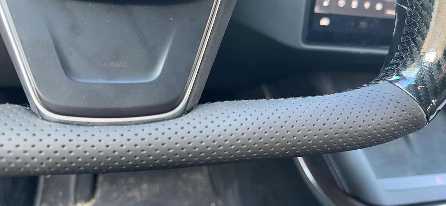 MEWANT Funda de volante de fibra de carbono de poliuretano brillante de cuero genuino negro cosido a mano para Tesla Model S Yoke Model X