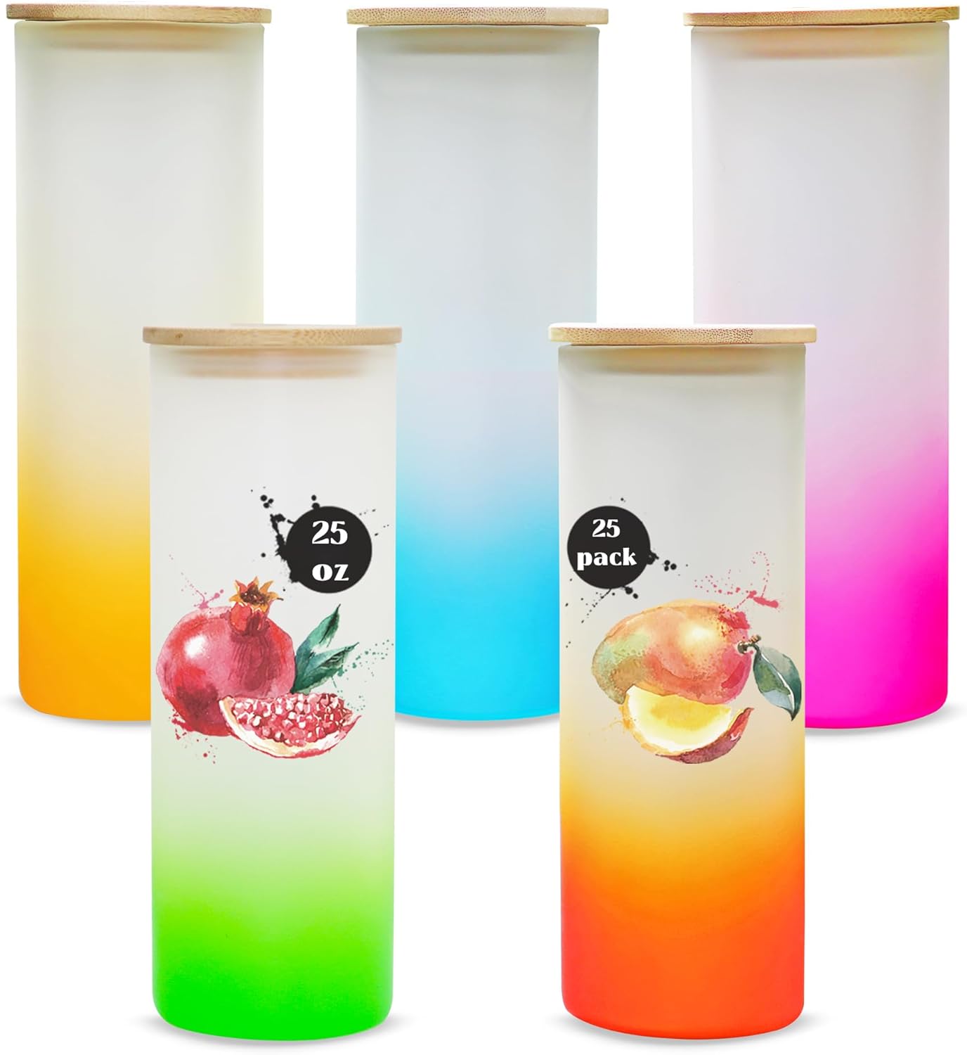 Paquete de 25 vasos de vidrio esmerilado con tapas y pajitas, vasos de vidrio sublimación de color degradado de 25 onzas, vasos de sublimación de