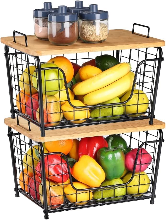 Cesta de frutas, organizador apilable para encimera, cesta de alambre con tapa superior de bambú, cesta de verduras para mostrador, soporte para pan