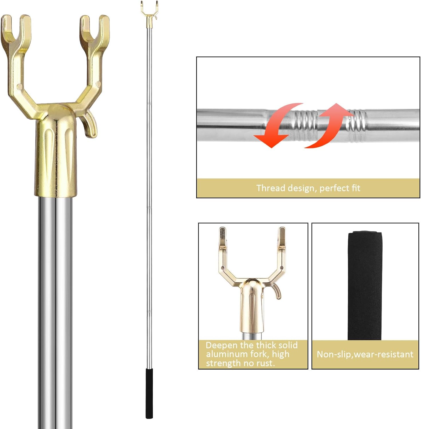 Varilla de gancho ajustable extendida de 59 pulgadas con práctico gancho para percha, gancho de ropa de brazo alto, barra de apertura de ventana,