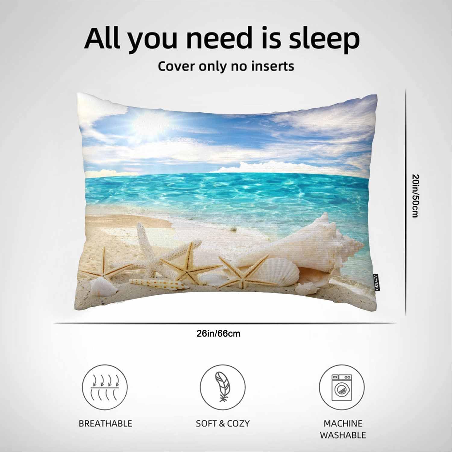 AOYEGO Funda de almohada con diseño de estrella de mar y estrella de mar, color azul tropical, vacaciones, playa, cielo soleado, decoración del