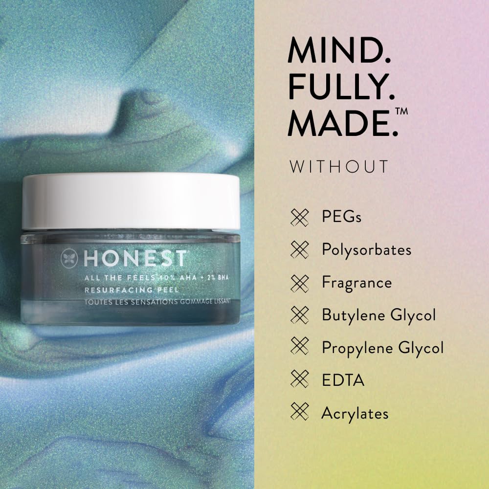 Honest Beauty All the Feels Resurfacing Peel  10% AHA + 2% BHA  Exfolia profundamente + renueva la piel  Vegano + libre de crueldad  1.7 onzas