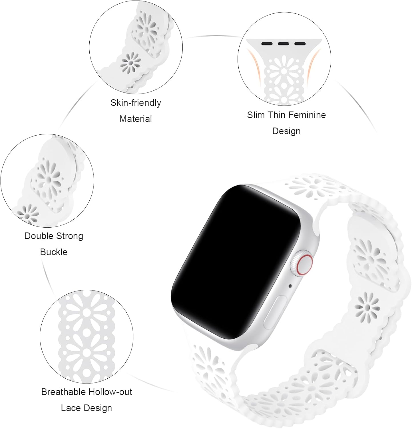 Paquete de 6 correas de silicona huecas de encaje compatibles con Apple Watch de 1.496 in 1.575 in 1.614 in 1.654 in 1.732 in 1.772 in 1.929 in,