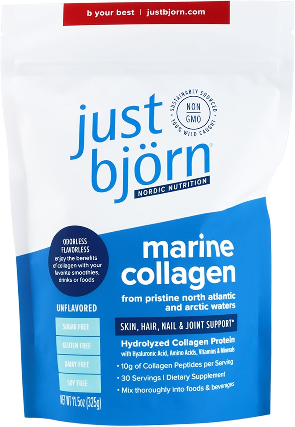just björn Polvo de péptidos de colágeno marino sin sabor  Soporte para la piel, el cabello, las uñas y las articulaciones + ácido hialurónico,