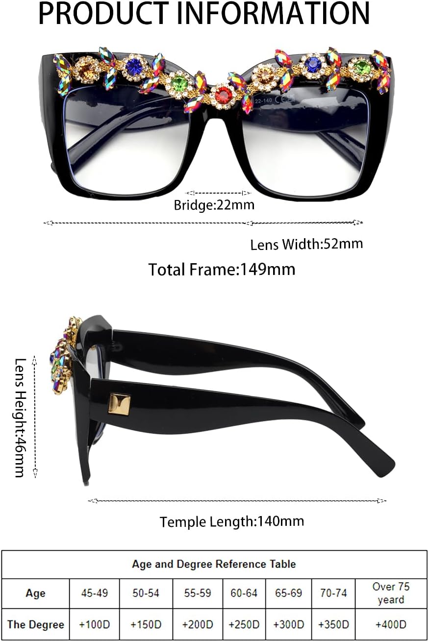 Gafas de lectura brillantes de gran tamaño con diseño cuadrado vintage de cristal brillante