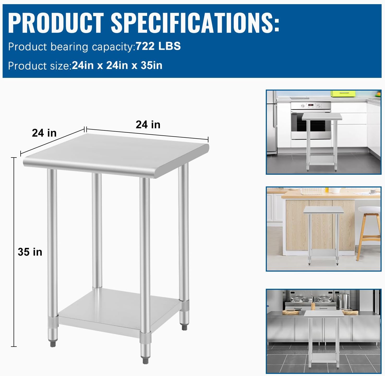 FDW – Mesa de trabajo ajustable de acero inoxidable resistente a los rayones para uso comercial, cocina o para organización y almacenamiento, Acero