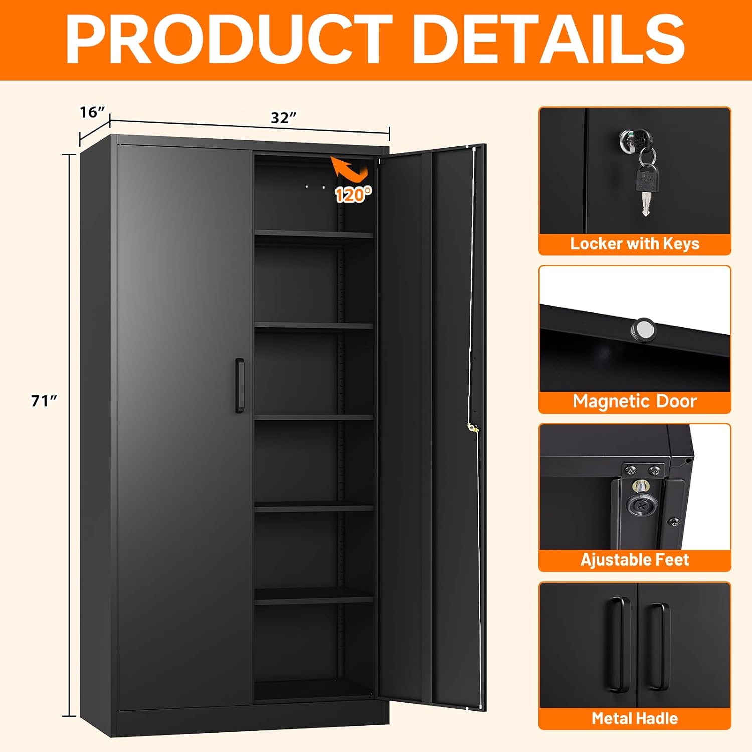 Armarios de almacenamiento de metal con cerradura, gabinete de almacenamiento de garaje de 71 pulgadas con 2 puertas y 5 estantes ajustables,