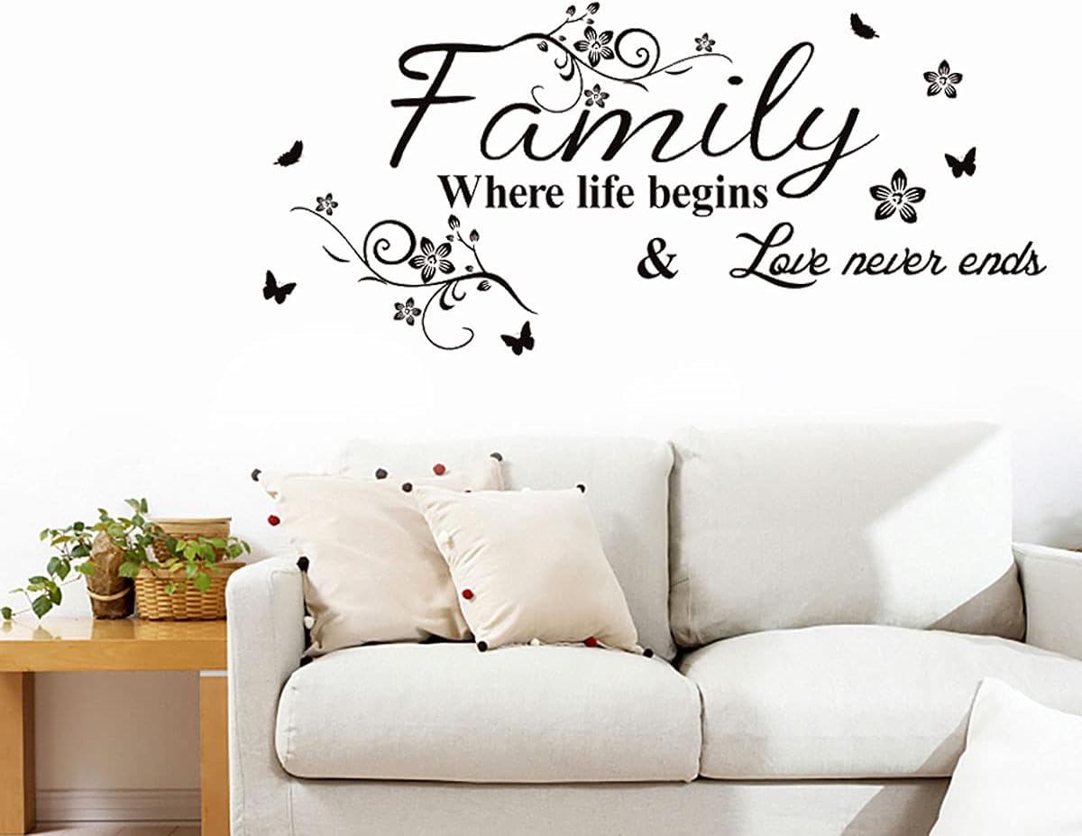 Calcomanías de pared inspiradoras con frases de amor, familia donde comienza la vida, mariposas, flores, calcomanías de pared para sala de estar,