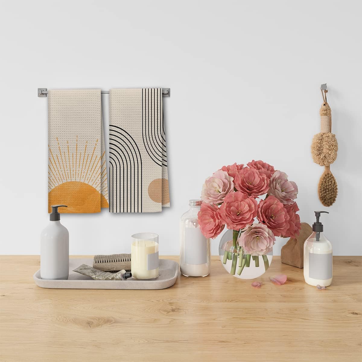 Juego de 2 paños de cocina bohemios con diseño de amanecer, atardecer, rayos de sol, arco iris, arco iris, paño de secado absorbente bohemio,