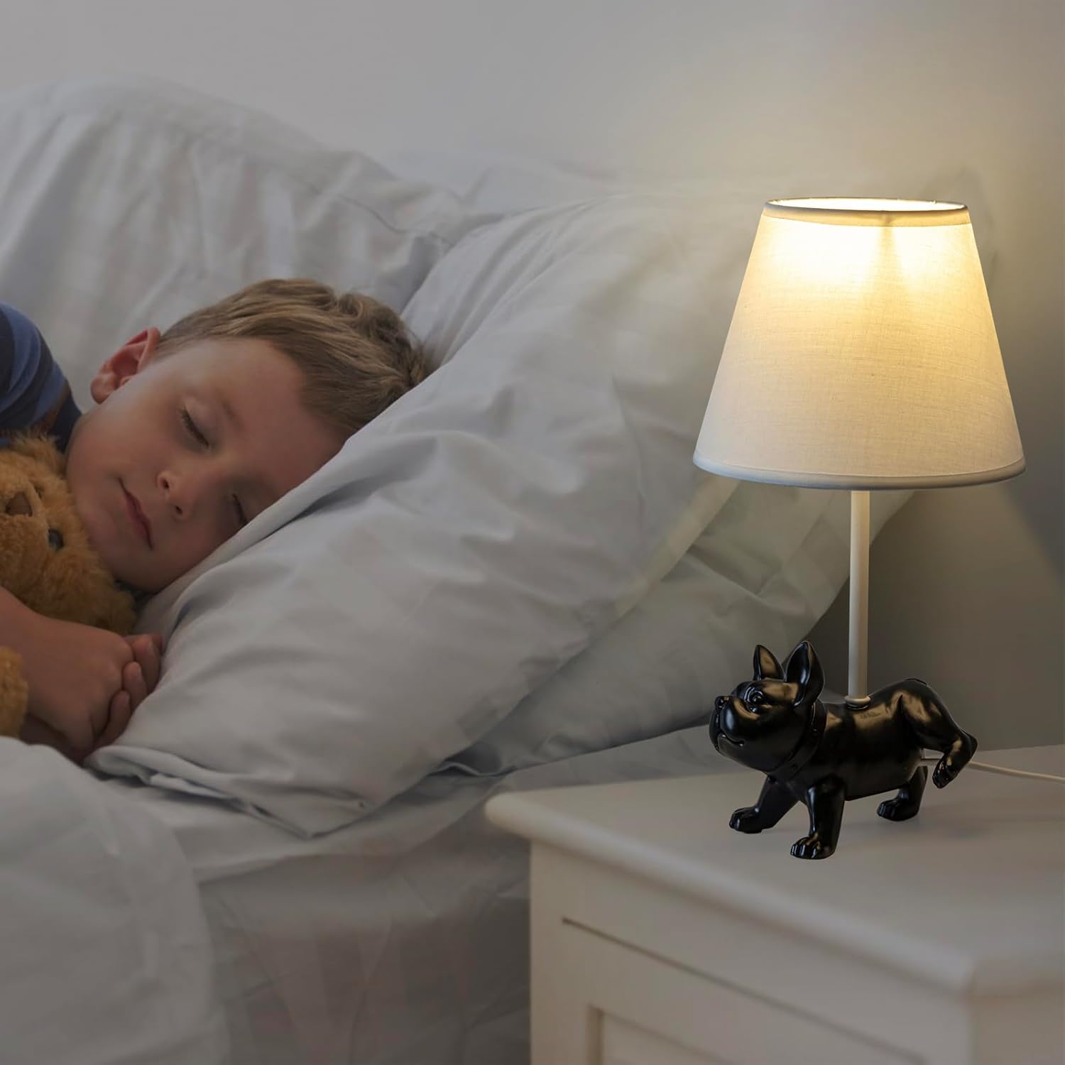 HERBESTBAY Lámpara de mesa para niños, adorable lámpara de escritorio estilo bulldog francés de 13 pulgadas, lámpara de noche de perro negro, ideal