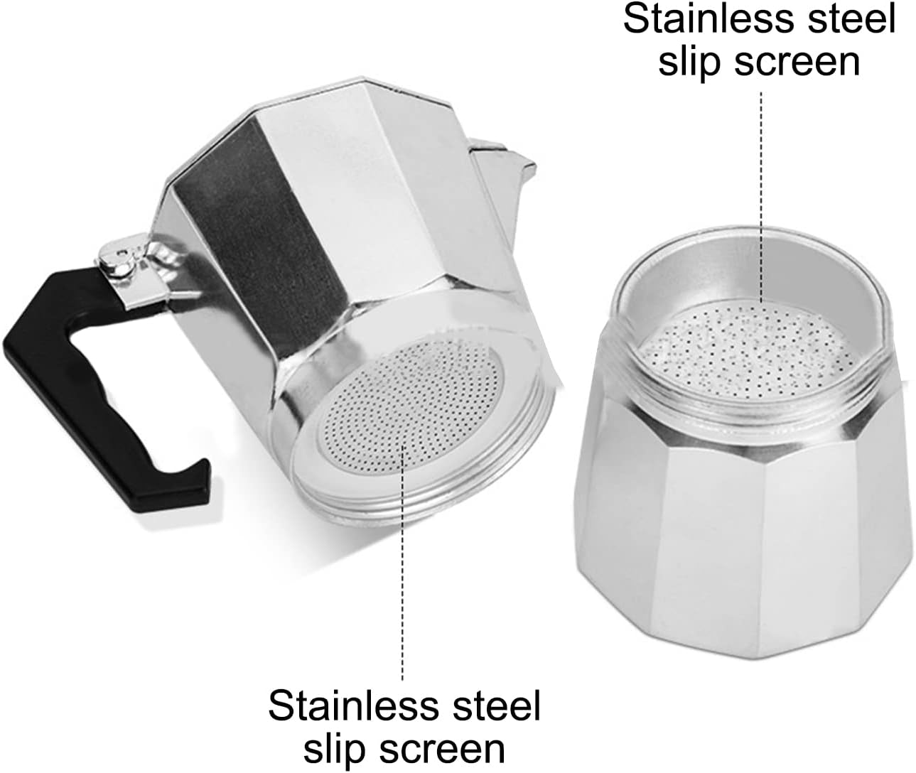 Cafetera italiana, no se deforma, fina mano de obra moka, olla moderna de aleación de aluminio con filtro de metal para cocina (2 tazas de 3.5 onzas