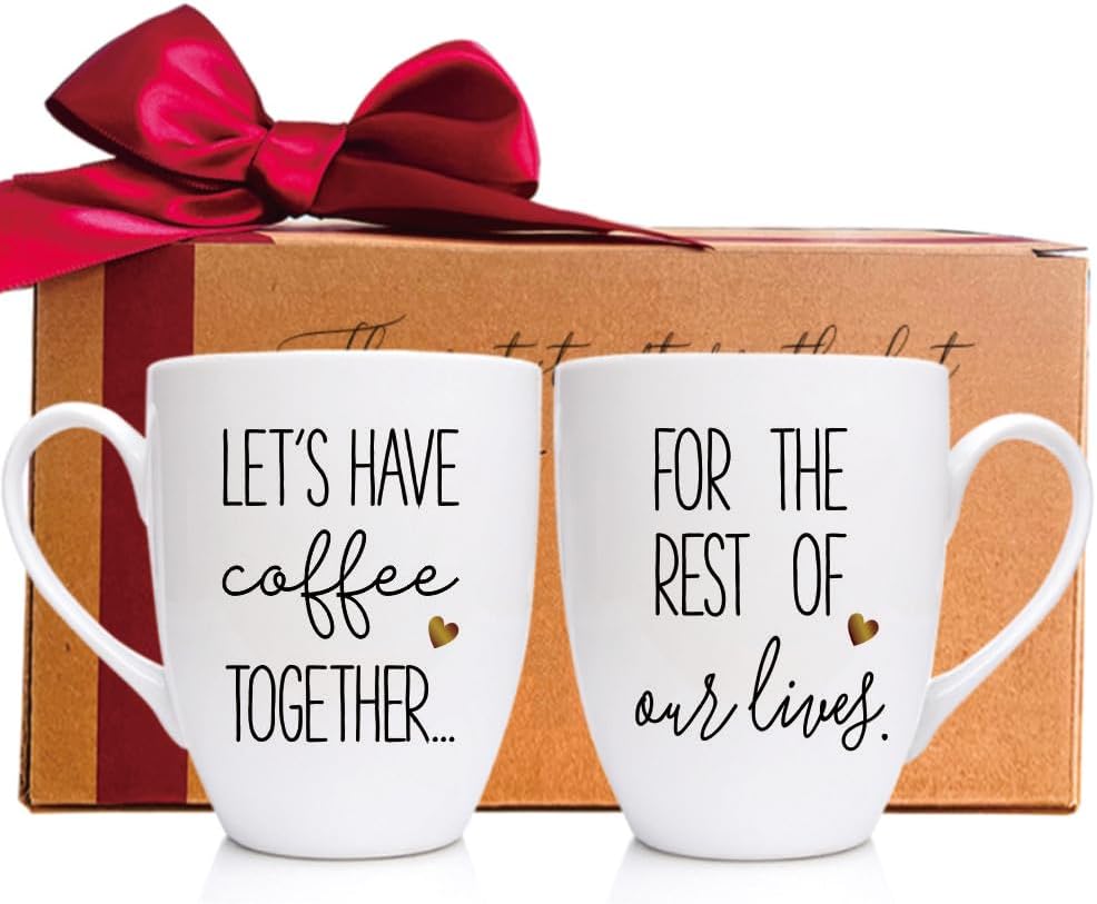 Juego de 2 tazas de café para parejas, con texto en inglés Let’s Have Coffee Together for the Rest of Our Lives, regalos para señor y señora, regalo