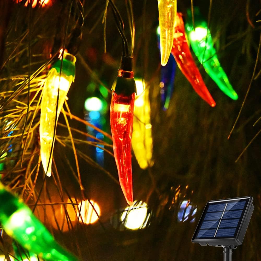 Guirnalda de luces solares de Navidad para exteriores, 50 luces LED multicolor con luces de árbol de Navidad, luces solares de jardín para cocina,