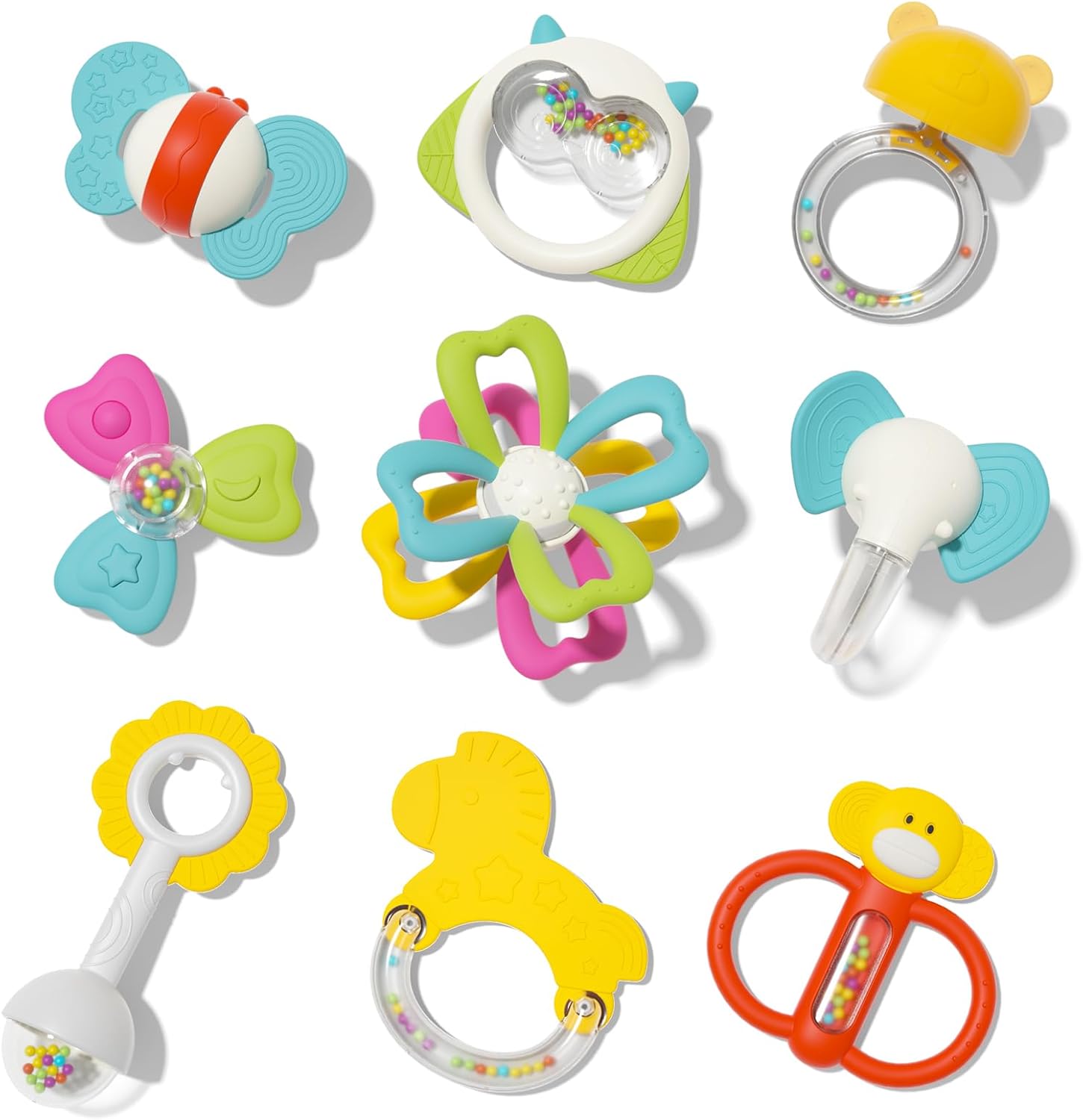 Juguetes para bebés  9 piezas de juguetes de dentición de bebé de silicona, sonajeros para bebés de 0 a 6 meses, juguetes masticables para bebés sin