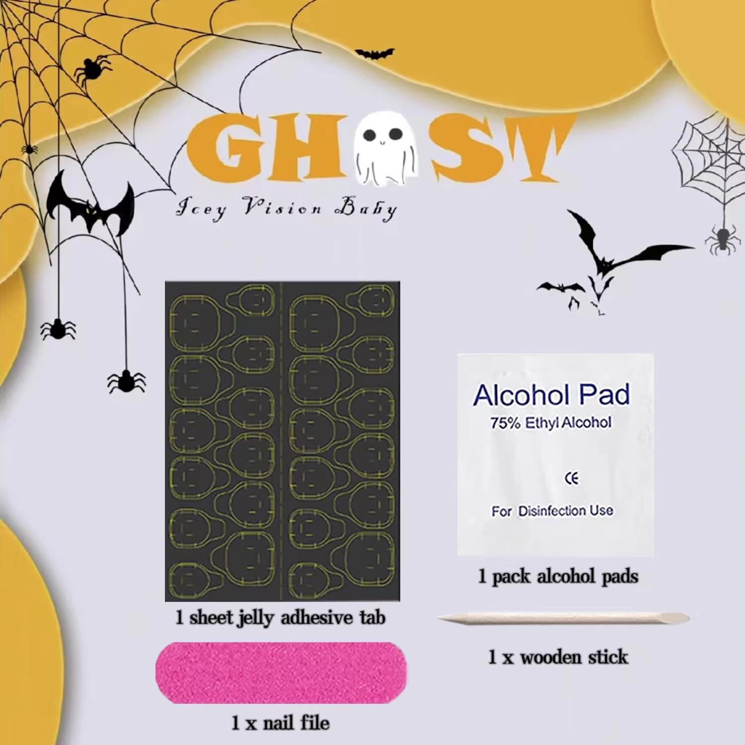 24 piezas de uñas postizas cortas cuadradas con diseño de cara de fantasma, uñas postizas mate, uñas acrílicas artificiales adhesivas con puntas de