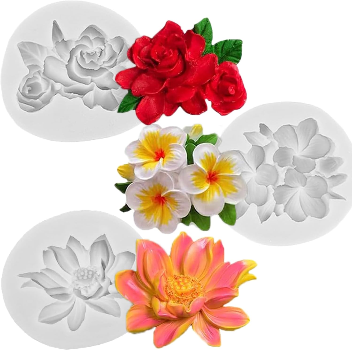 KuuGuu 3 moldes de silicona de flores, hibisco plumeria, rosa, fondant, para Sugarcraft, decoración de cupcakes, jabón, arcilla polimérica,