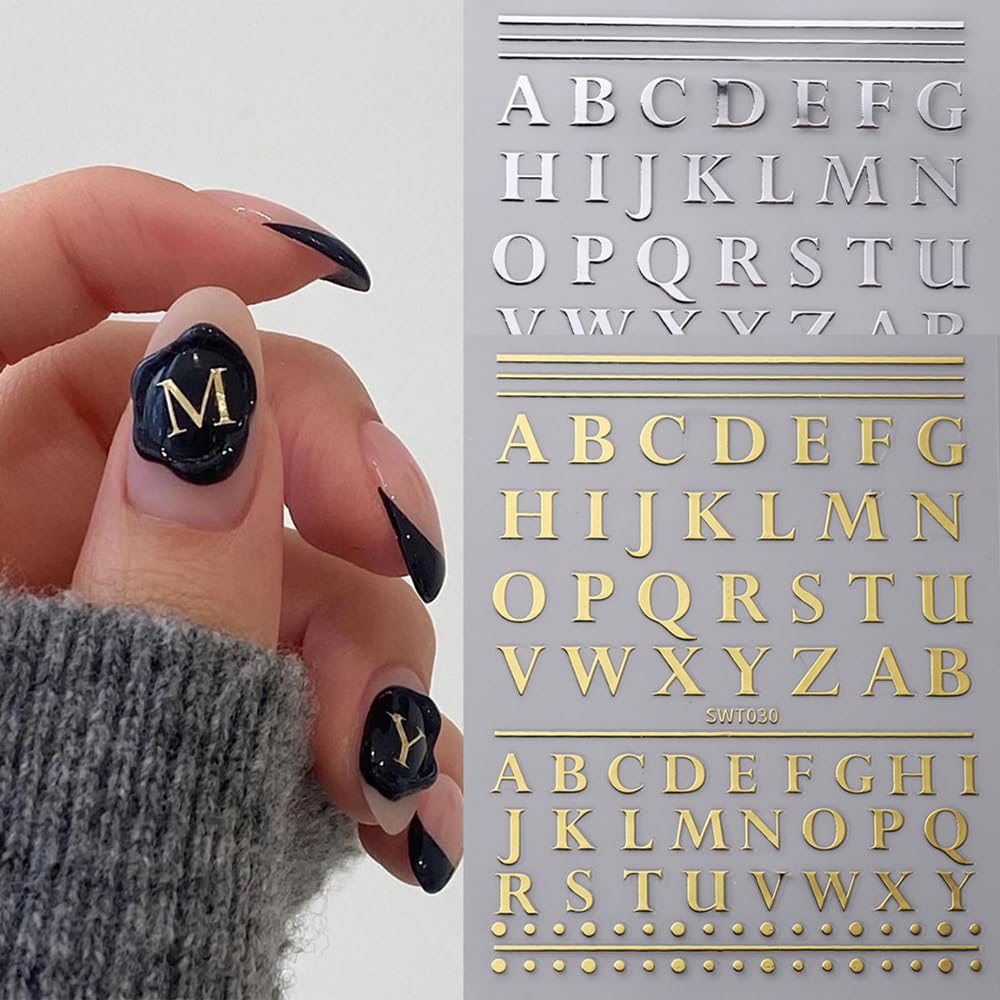 Calcomanías para arte de uñas, calcomanías de letras A-Z, letras autoadhesivas 3D, suministros de arte de uñas, calcomanías de diseño de uñas