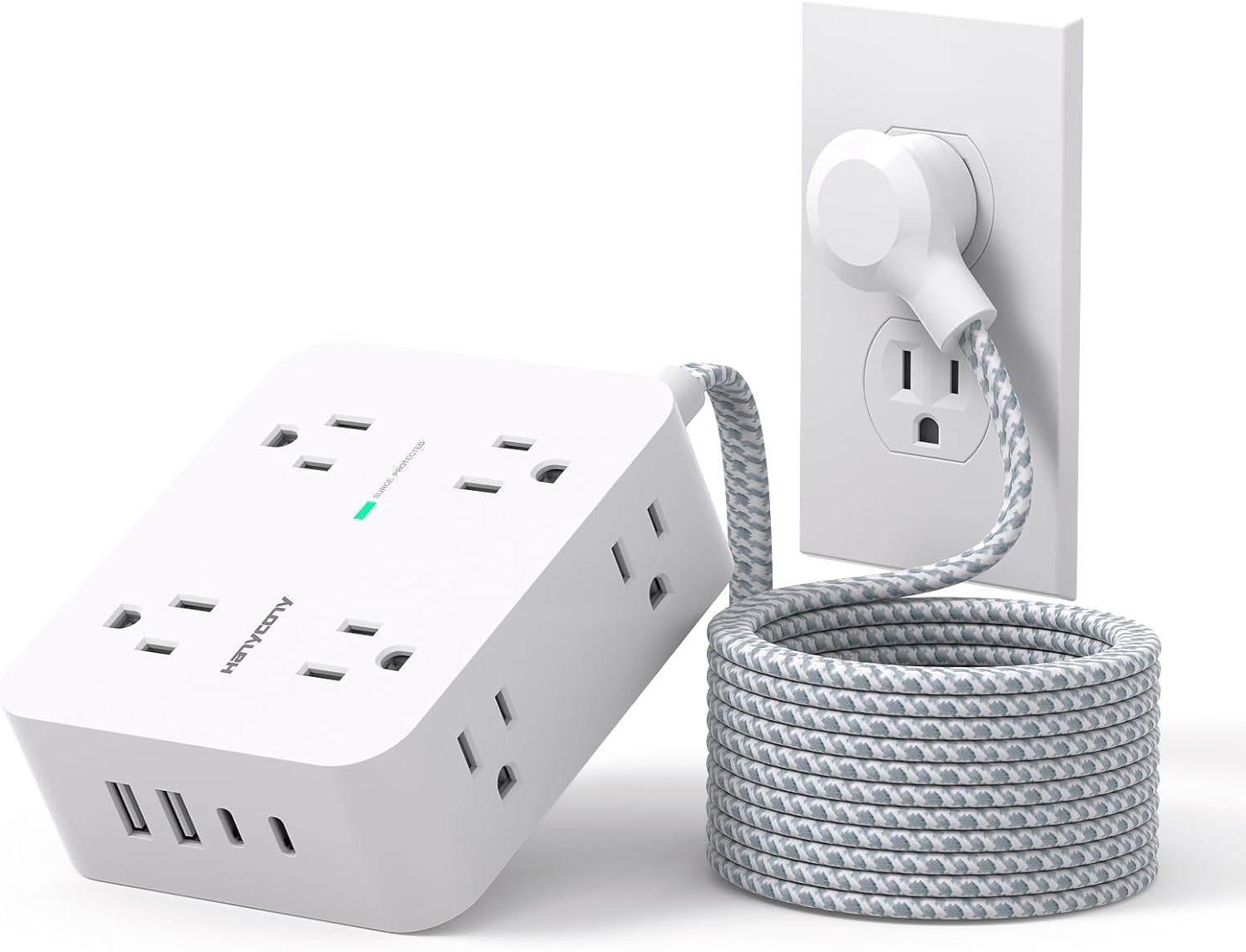 Regleta protectora de sobretensiones de 15 pies de largo, cable de extensión de 15 pies con 8 tomas, 4 puertos USB (2 USB C), enchufe plano,