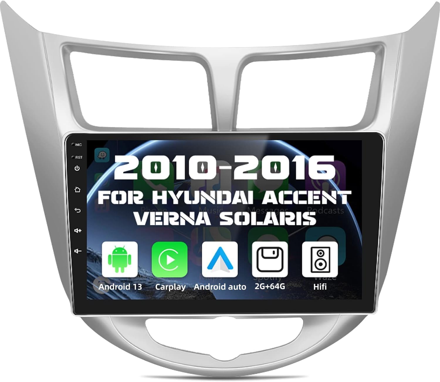 CAMECHO 2+64G CarPlay & Android Auto Receptor estéreo para coche, Android 13 Doble DIN Radio de coche para Hyundai Accent Verna Solaris 2010-2016
