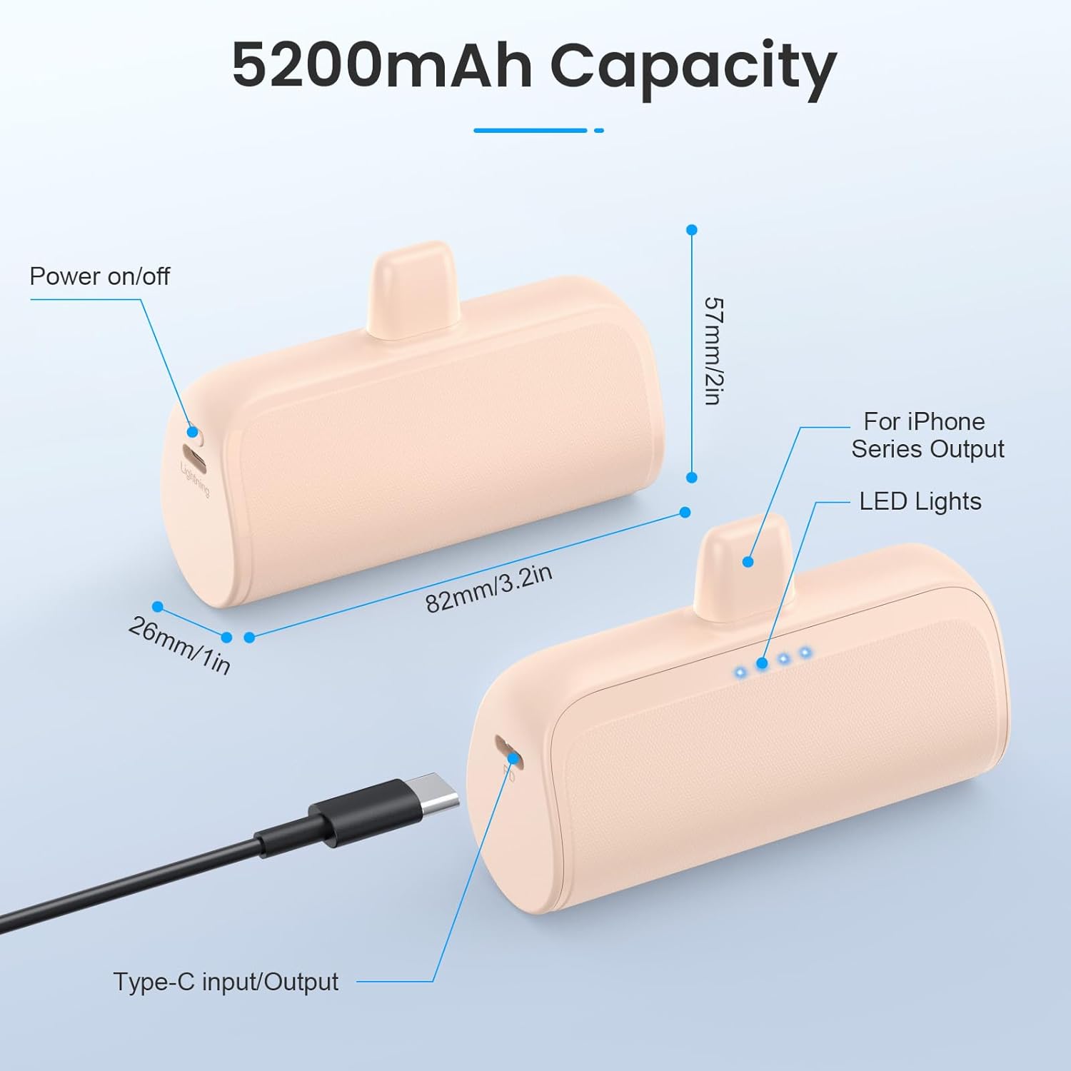 Cargador portátil pequeño de 5200 mAh para iPhone, ultra compacto de 15 W PD de carga rápida, bonita batería pequeña compatible con iPhone 1414 Pro