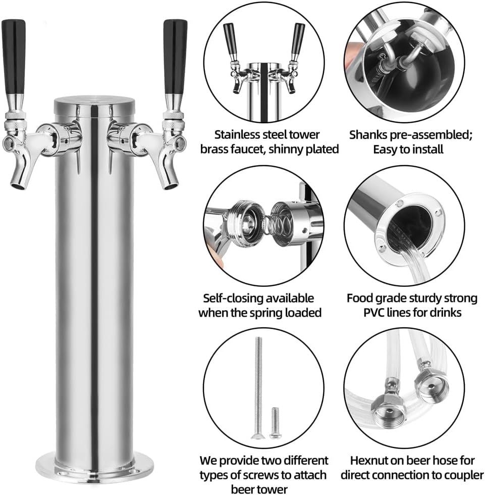 TMCRAFT Dispensador de torre de cerveza de barril de doble grifo, kit dispensador de torre de cerveza de acero inoxidable pulido con tubo premontado