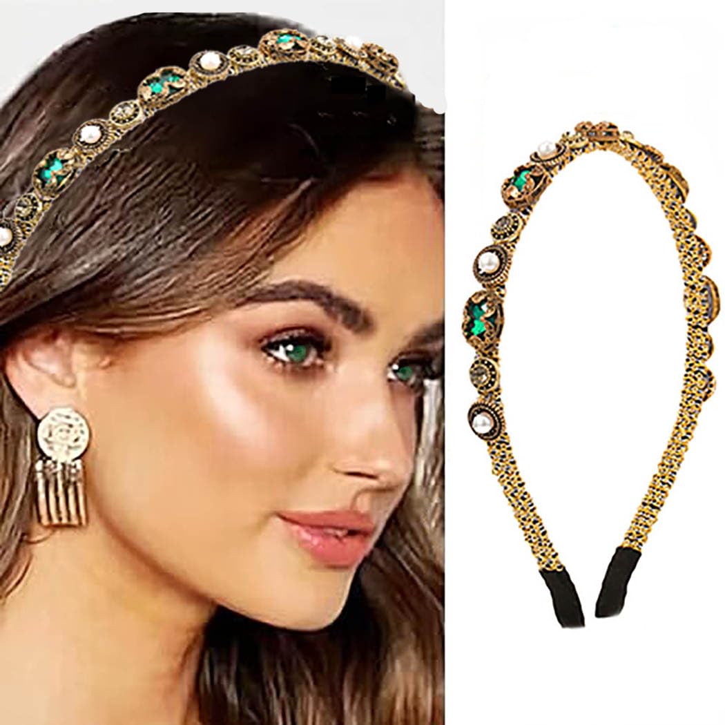 Diademas barrocas con diamantes de imitación dorados, bandas para el cabello de cristal con joyas para mujer (lujoso)