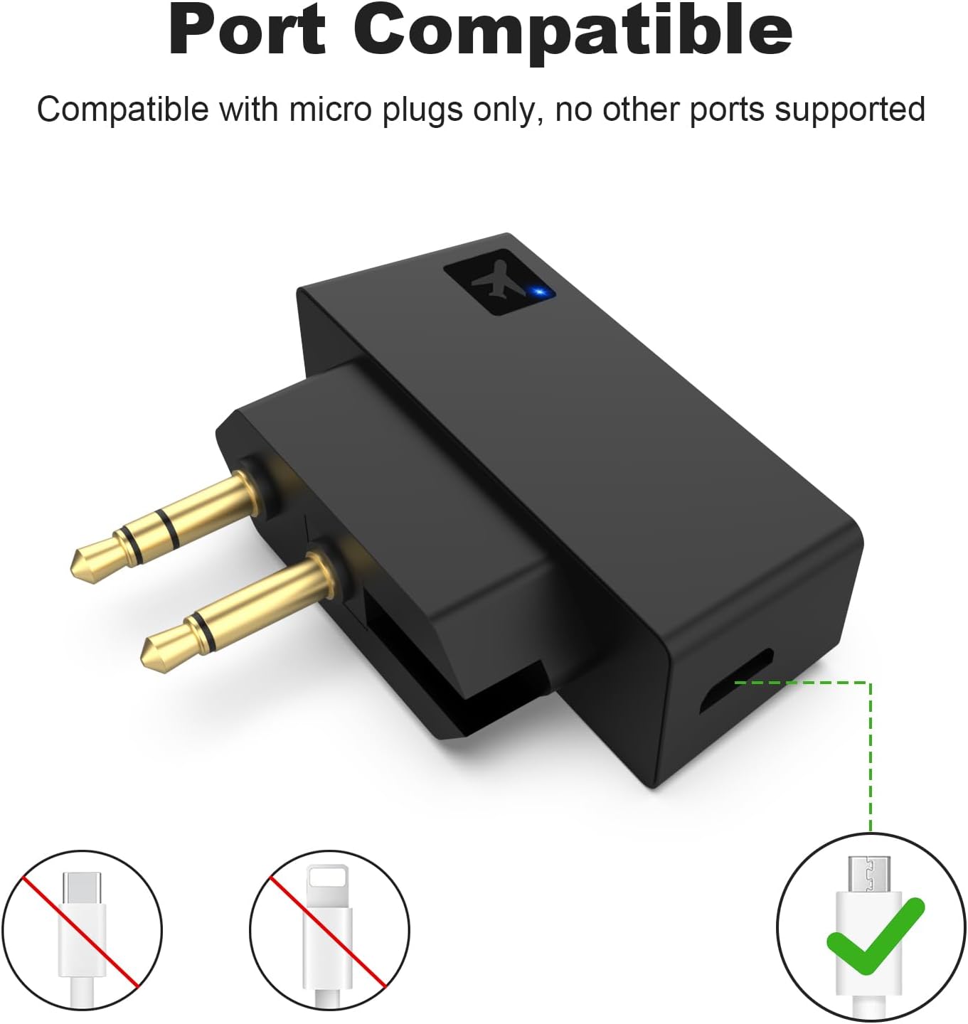 Adaptador de audio Bluetooth de avión para auriculares inalámbricos y cualquier conector auxiliar de 0.138 in en el avión, receptor transmisor