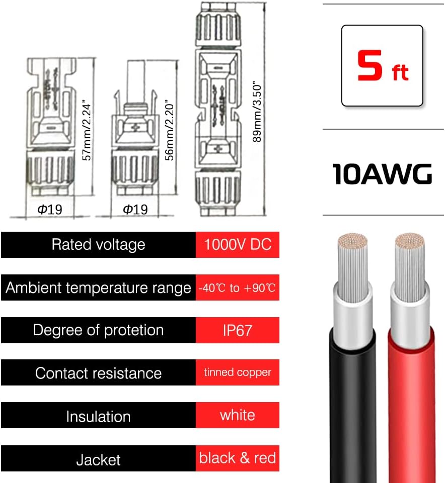 KEDAKEJI Cable de extensión de panel solar de calibre 10, 10 AWG, 1 par de 5 pies negro + 5 pies de cable de extensión de panel solar rojo con