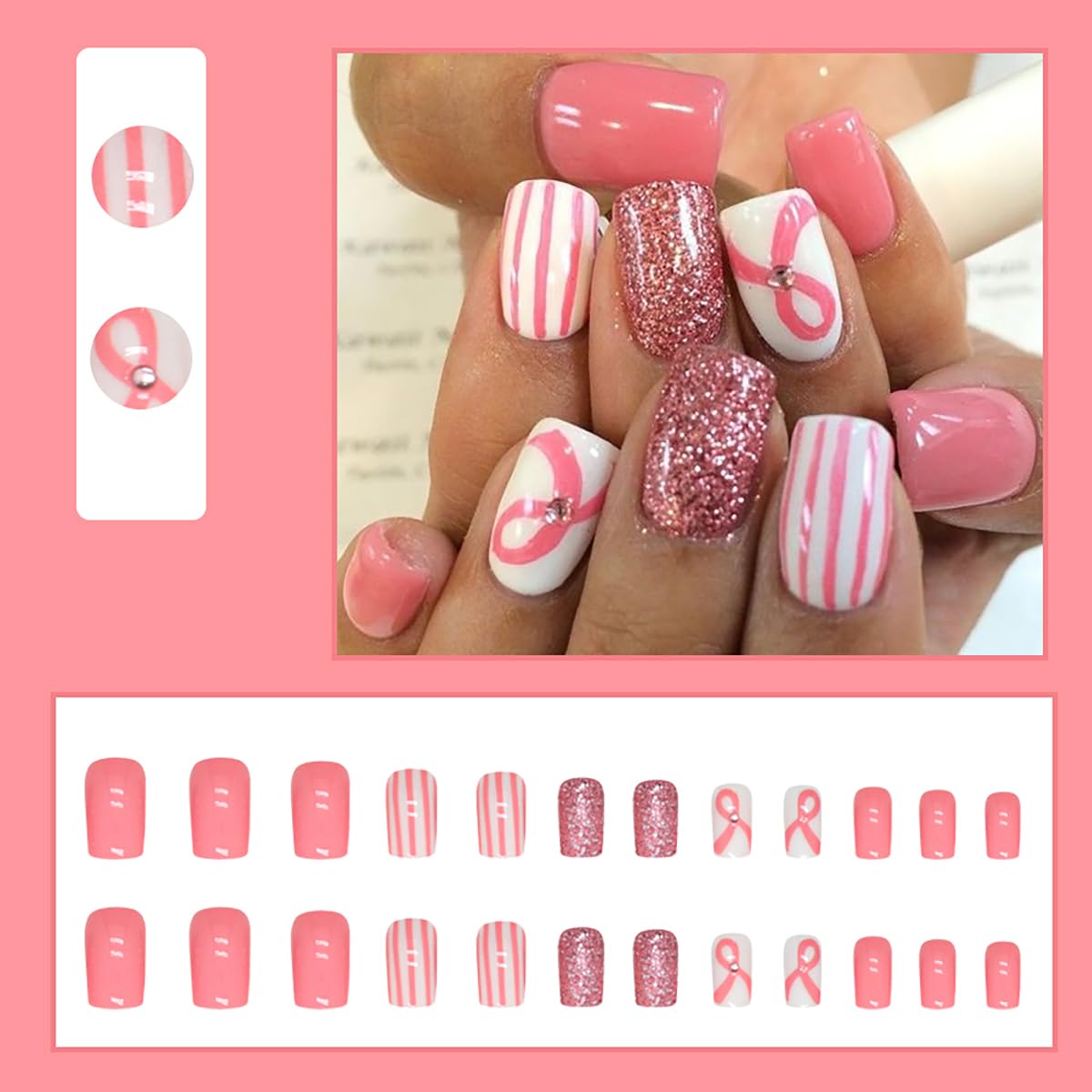 24 uñas postizas cuadradas a presión sobre cáncer de mama, uñas postizas medianas con cinta rosa con diamantes de imitación brillantes, uñas