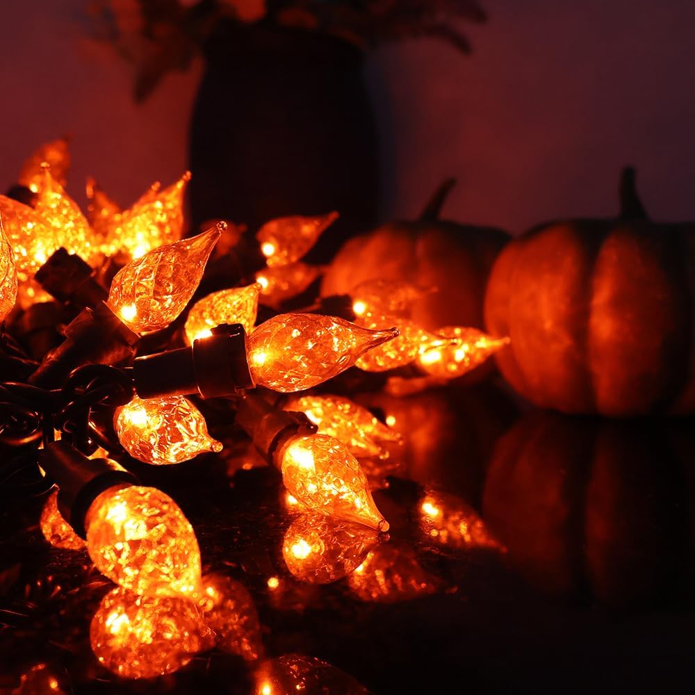 Guirnalda de luces naranjas de Halloween, 70 luces LED de cristal C5 con certificación UL, luces de Navidad para uso en interiores y exteriores,