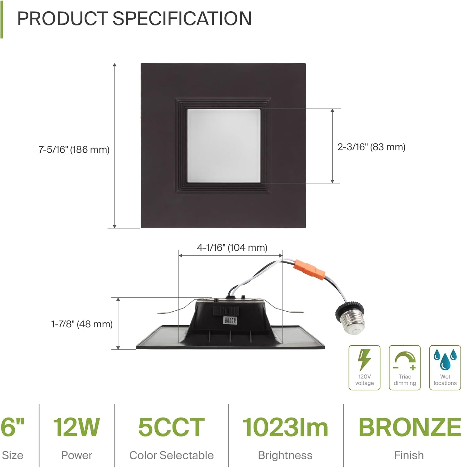 ASD Bronze 6 inch LED Recessed Lighting Square Retrofit Kit 5CCT Selectable 27003000350040005000K Adjustable 12W 1050Lm Wet Rated Dimmable LED