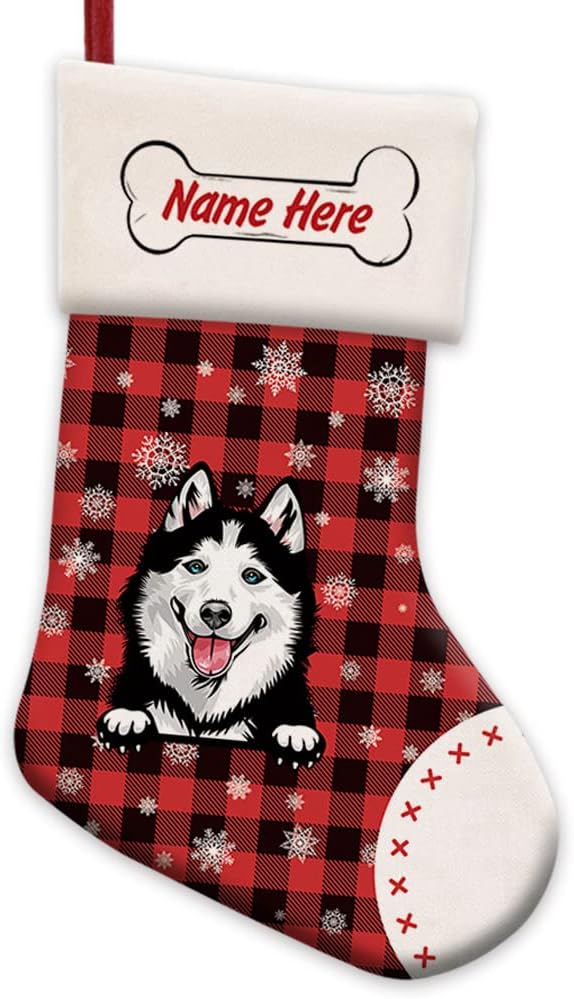 MALIHONG Paquete de 1 calcetín personalizado de Navidad a cuadros de búfalo rojo con encantador perro, husky siberiano, copo de nieve, decoración