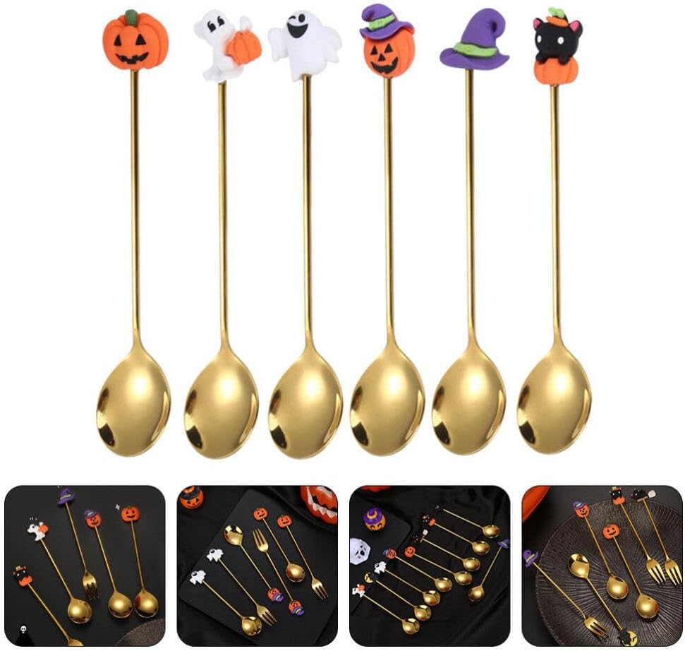 Cucharas de Halloween, 6 cucharas de Halloween, sombrero de bruja de calabaza, cucharas de fantasma, cuchara de postre, cuchara de café, cuchara de