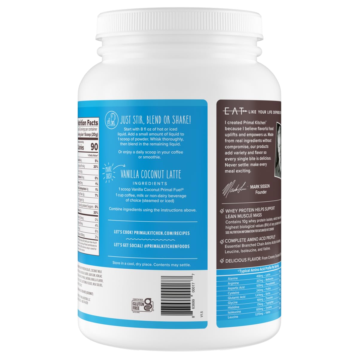 Primal Kitchen Primal Fuel – Mezcla de bebidas de proteína de suero de coco y vainilla, sin gluten y soja, 1.85 libras