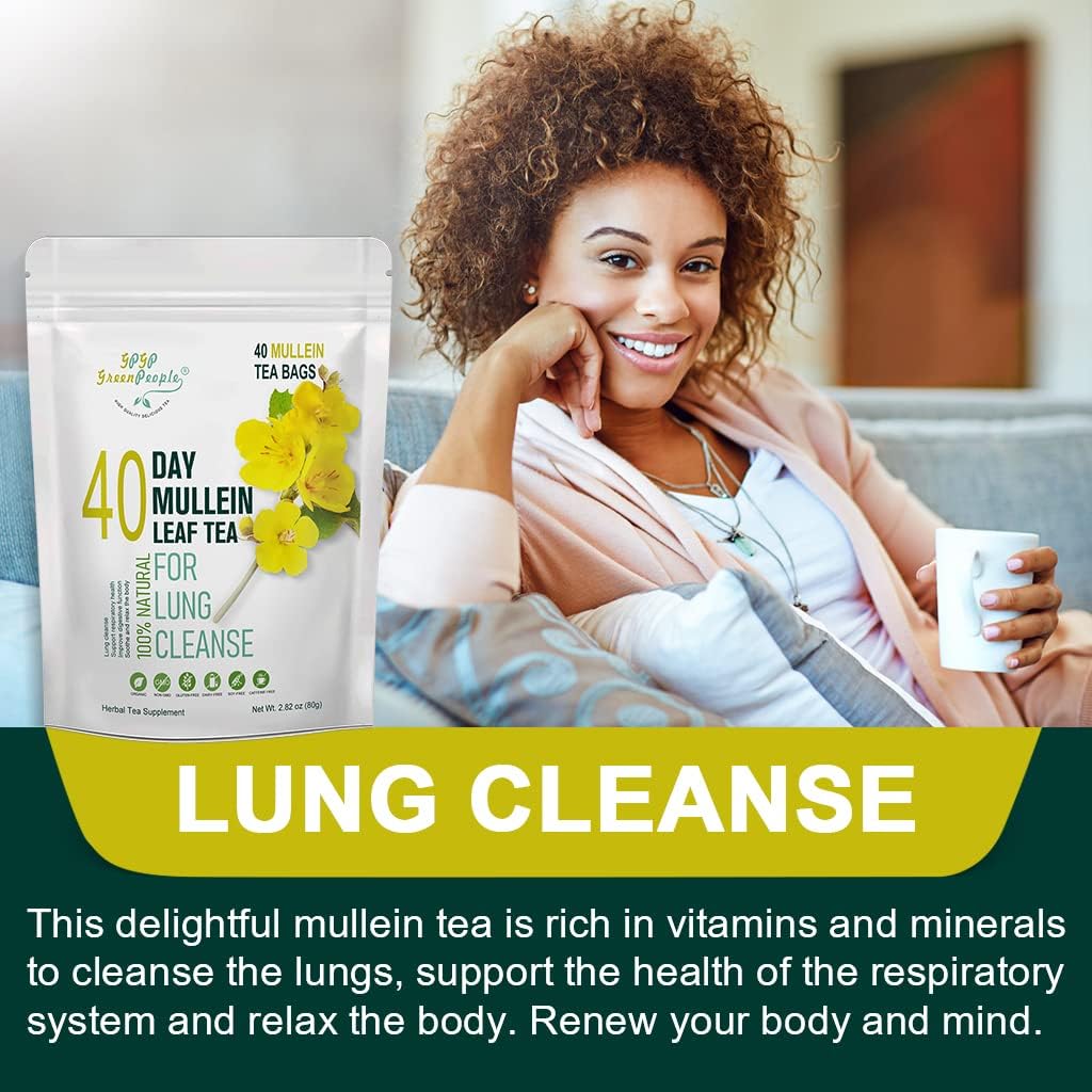 Té de hoja de gordolobo para limpieza de pulmones y apoyo inmunológico, 100% natural, sin cafeína, 40 bolsas de té